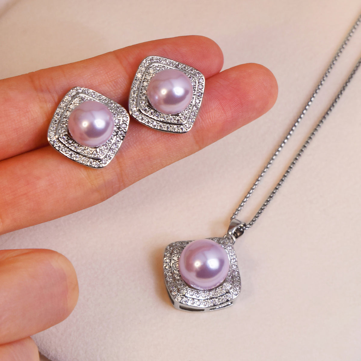 Square‑Shaped Zircon Shell‑Pearl Jewelry Set, Necklace Pendant & Stud Earrings, Elegant Matching Jewellery for Women