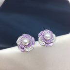 Vintage Camellia Shell Pearl Stud Earrings, Enamel Micro‑Pave Cubic Zirconia Women Ear Jewelry