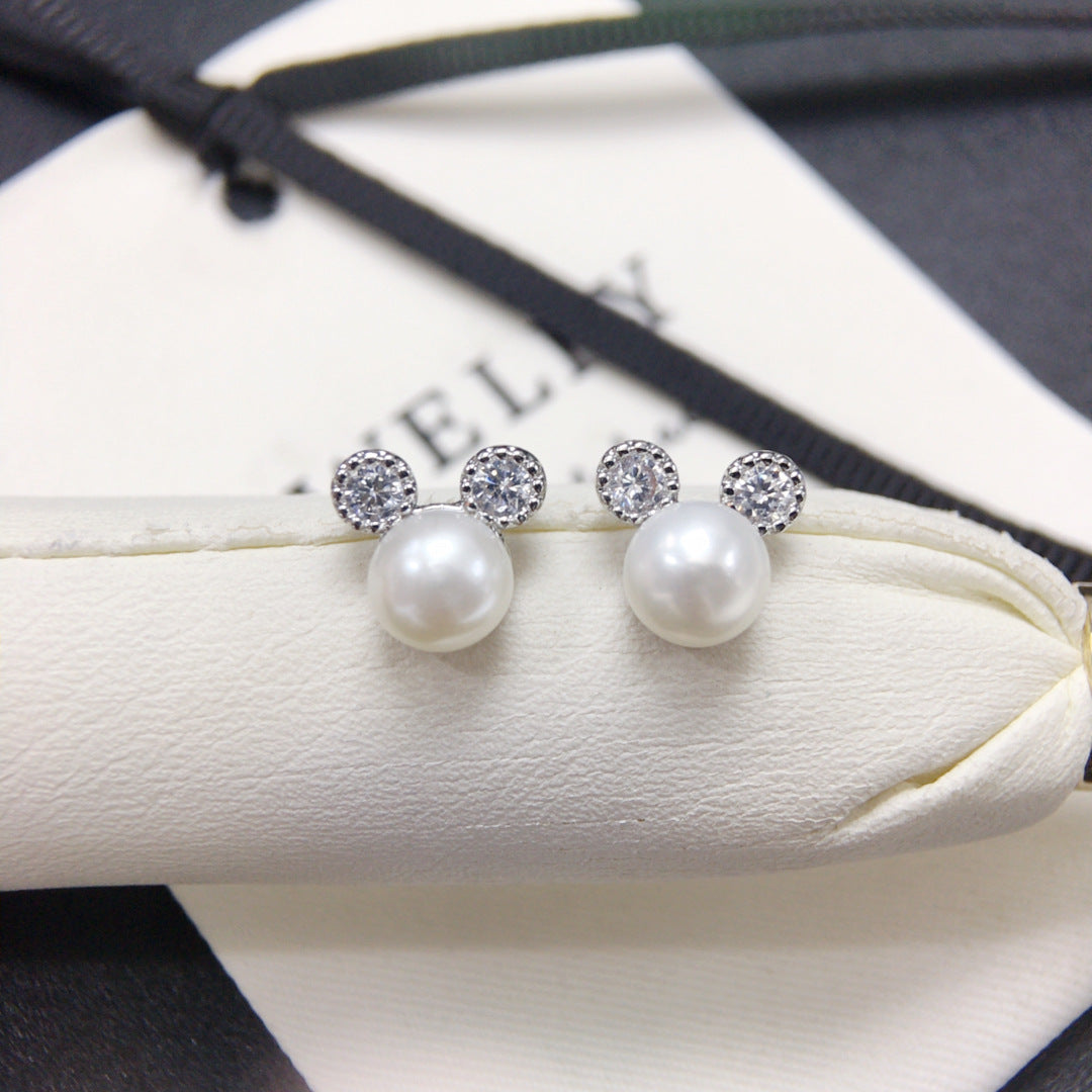 Cute Mickey‑Shaped Shell Pearl Stud Earrings, Dainty Delicate Pearl Earrings for Women
