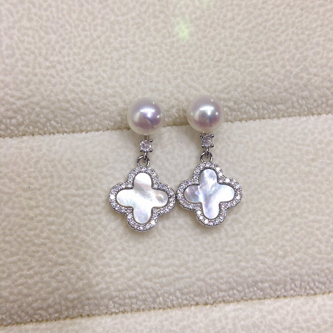 Four‑Leaf Clover Shell Pearl Drop Earrings, 18K Gold Plated, 925 Sterling Silver Post