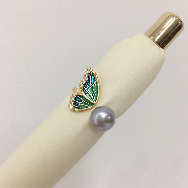 18K Gold‑Plated Butterfly Wing Pearl Ring, Fashion Shell‑Pearl Open Ring for Women