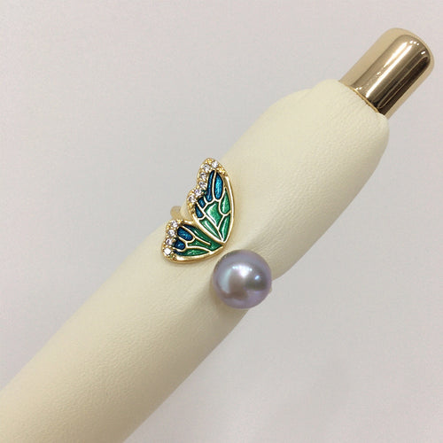 18K Gold‑Plated Butterfly Wing Pearl Ring, Fashion Shell‑Pearl Open Ring for Women