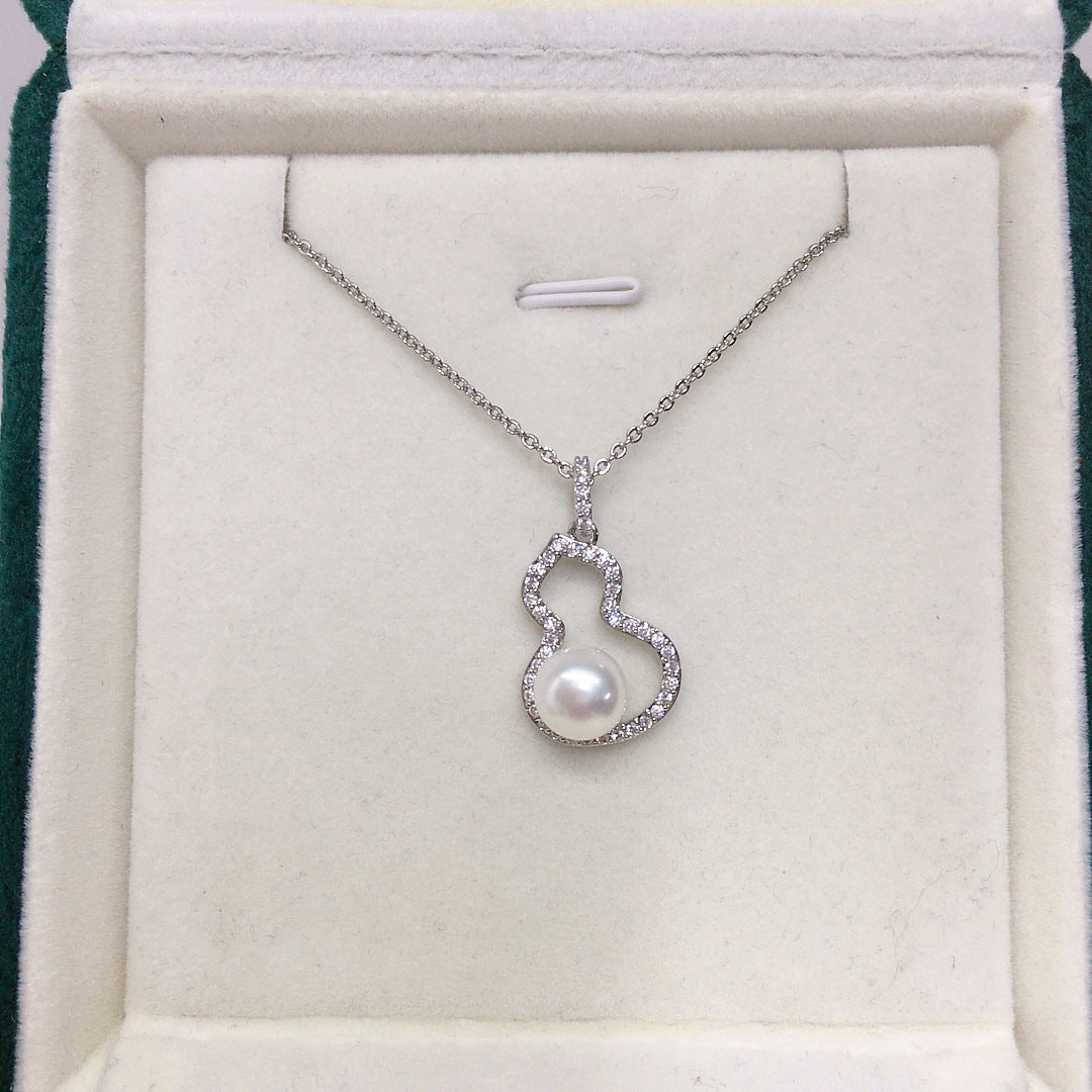 Gourd Shape Shell Pearl Necklace for Women, Lucky Hollow Gourd Pendant Inlaid Cubic Zirconia, Gold & Silver Two Tone Options