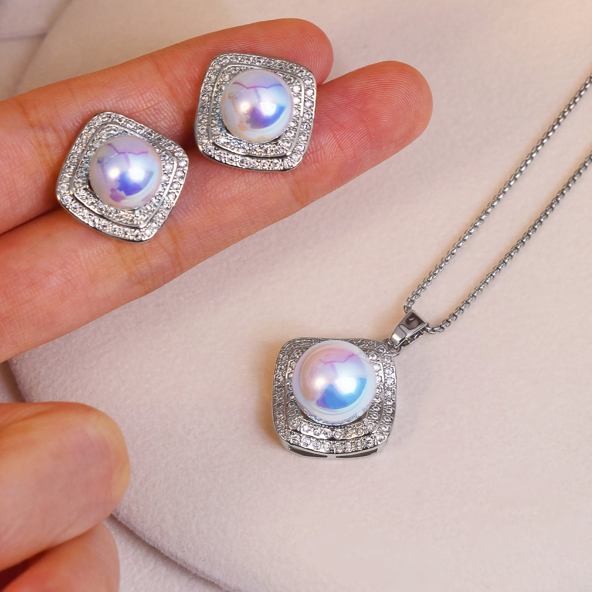 Square‑Shaped Zircon Shell‑Pearl Jewelry Set, Necklace Pendant & Stud Earrings, Elegant Matching Jewellery for Women