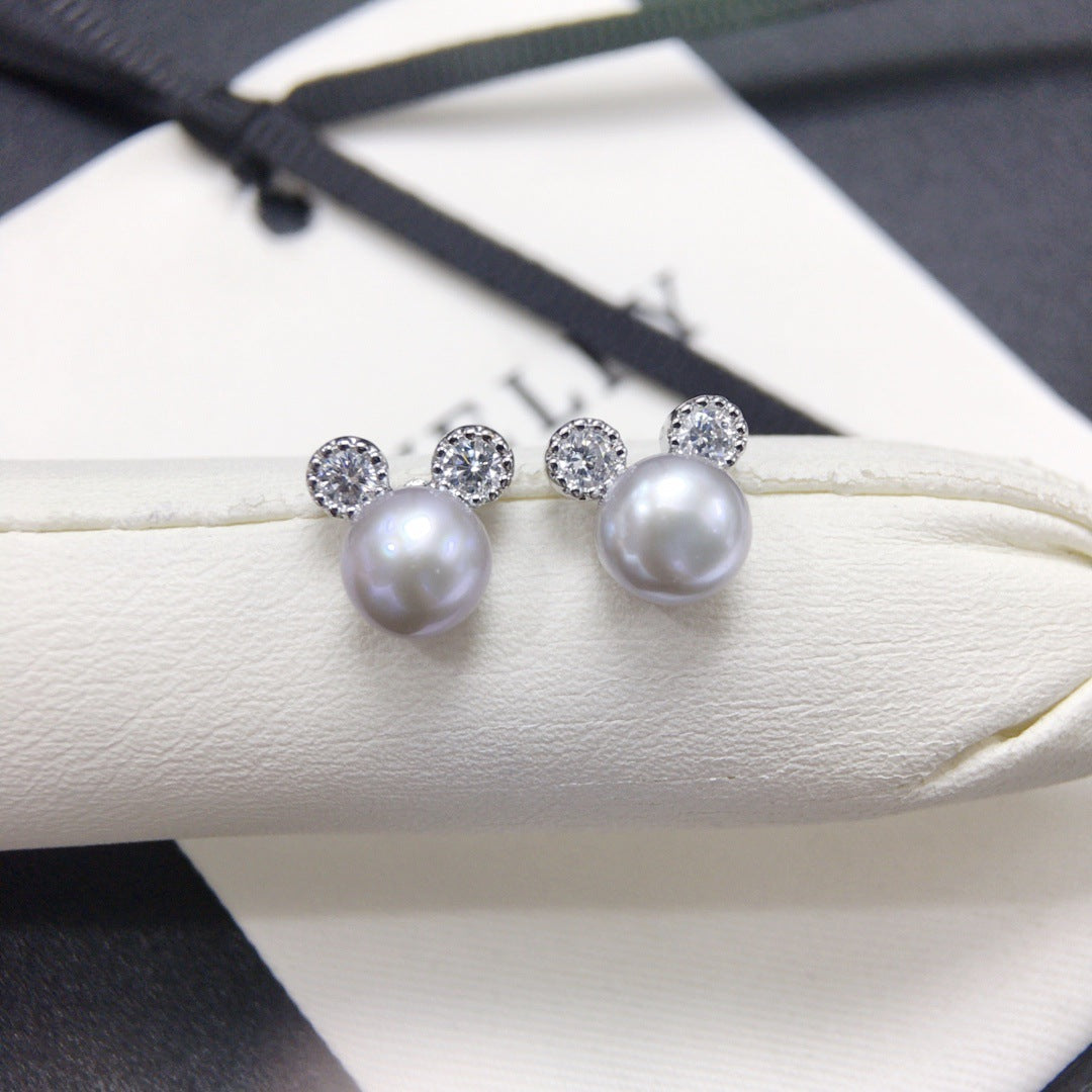 Cute Mickey‑Shaped Shell Pearl Stud Earrings, Dainty Delicate Pearl Earrings for Women