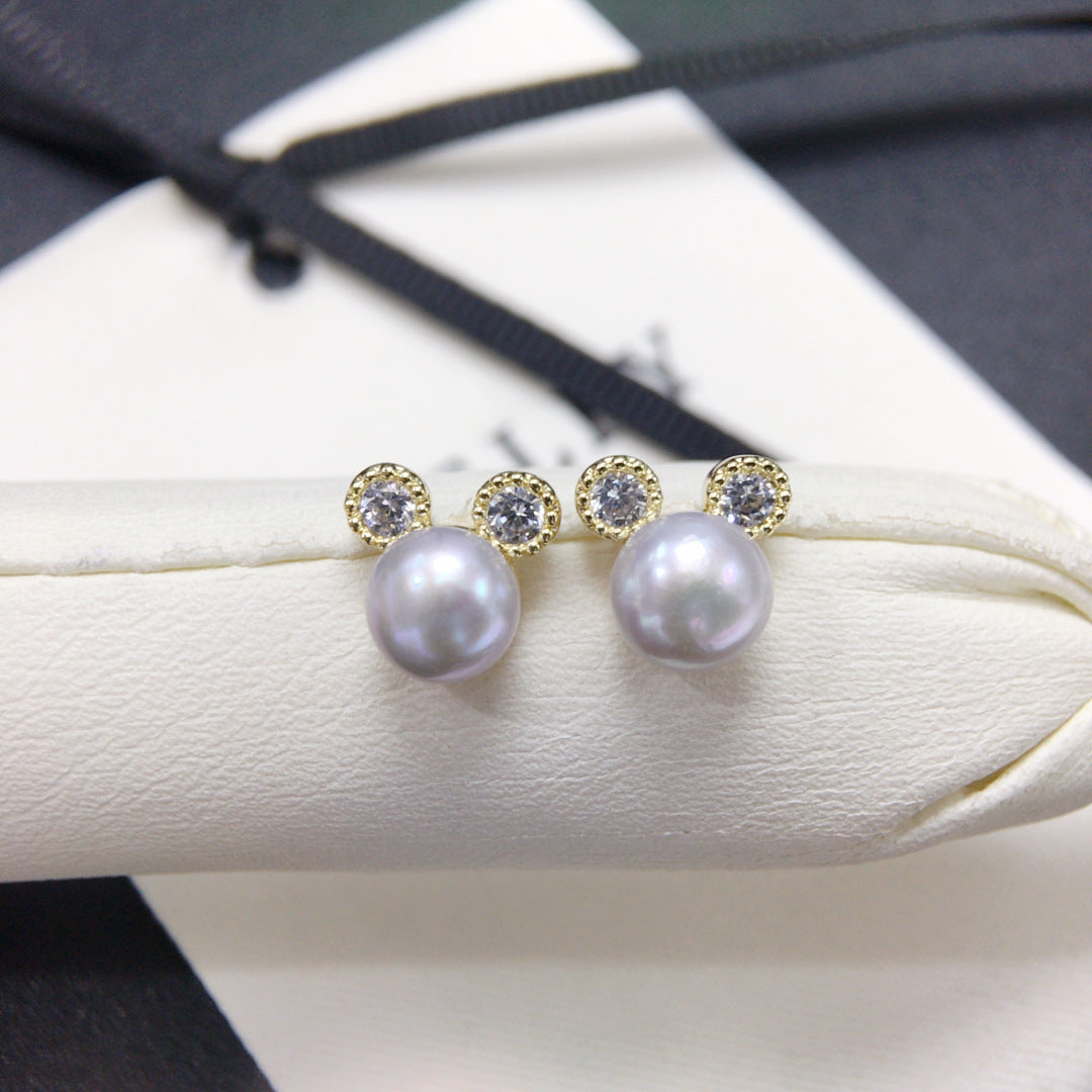 Cute Mickey‑Shaped Shell Pearl Stud Earrings, Dainty Delicate Pearl Earrings for Women