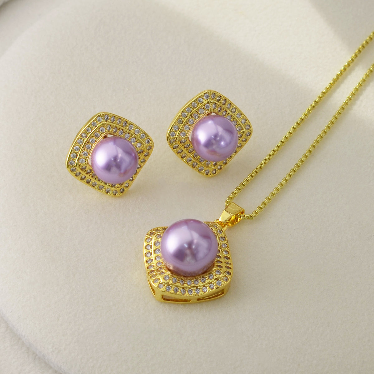 Square‑Shaped Zircon Shell‑Pearl Jewelry Set, Necklace Pendant & Stud Earrings, Elegant Matching Jewellery for Women
